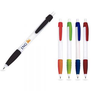 Bolígrafo de plástico con clip de color y grip de goma.